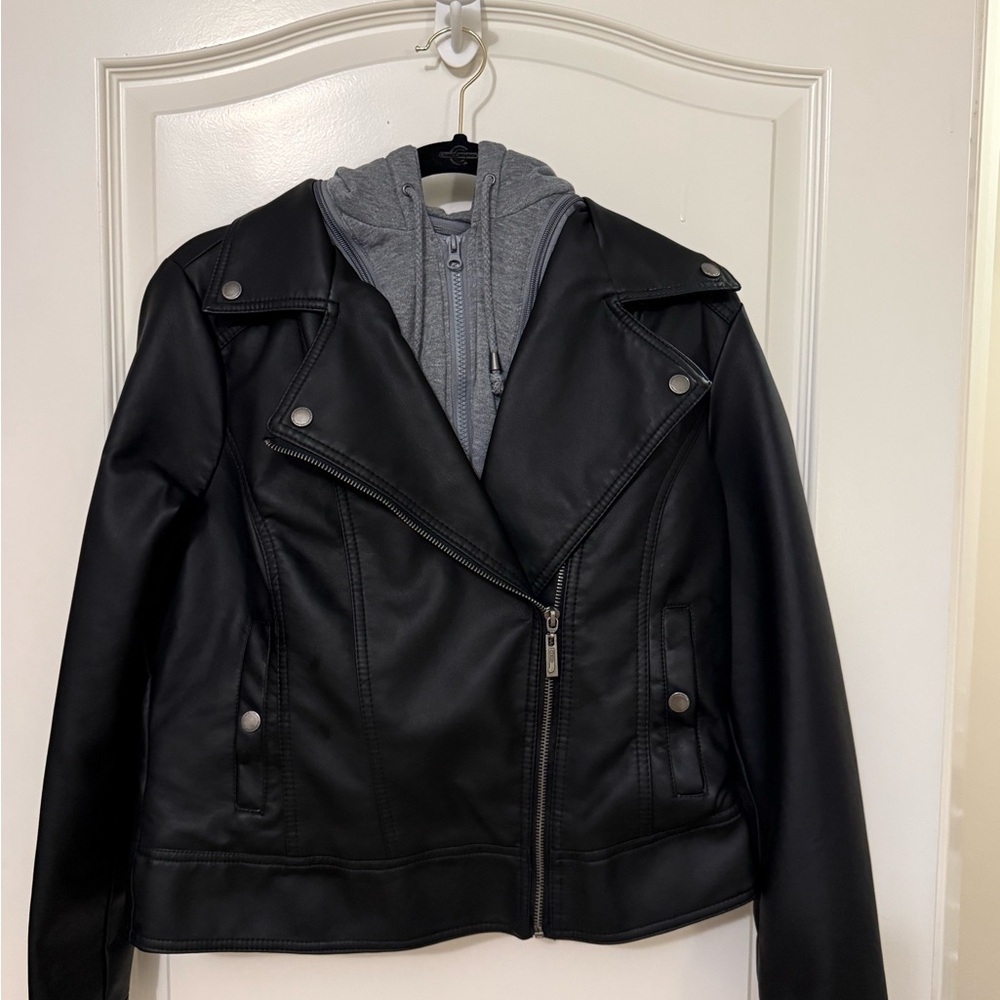 Jou Jou Black Faux Leather Women's Jacket with Gray Hoodie